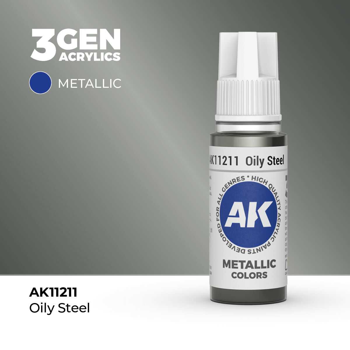 AK Interactive Oily Steel Metallic Acrylic Paint 17ml 3rd Generation