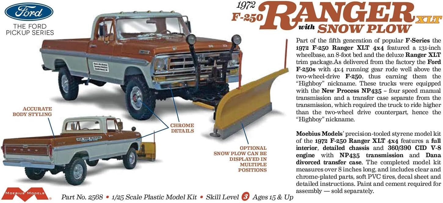 1:25 Moebius 1972 Ford F-250 4x4 with Snow Plow Plastic Model Kit