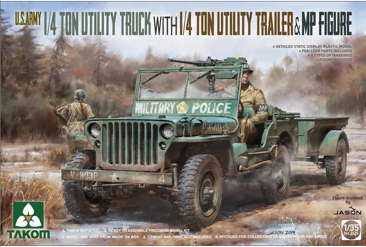 1:35 TAKOM U.S. Army 1/4 ton utility truck w/ trailer & MP figure Plastic Model Kit