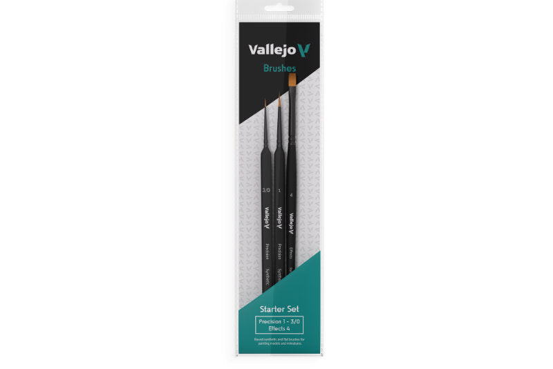 Vallejo Hobby Brushes: Precision Starter Set (Round No.1 & 3/0 Triangular Handle, Flat No.4, synthetics)